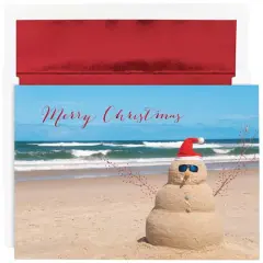JAM Paper 5.6" x 7.9" Beach Snowman Christmas Card Set, 18ct.