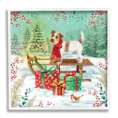 Stupell Industries Puppy On Sled Christmas Gifts Framed Giclee Art White
