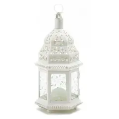 12" White Moroccan Style Hanging Candle Lantern with Etched Floral Glass