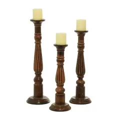 Brown Mango Wood Traditional Candle Holders Set, 18", 21" & 24"