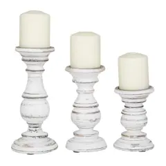 Mango Wood Traditional Candle Holder Set White