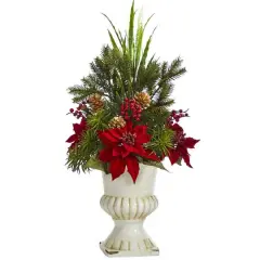 2ft. Poinsettia, Grass & Succulent Arrangement in White Urn