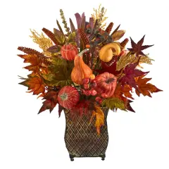 21in. Pumpkin, Maple Leaf, Sorghum Harvest Arrangement in Metal Planter