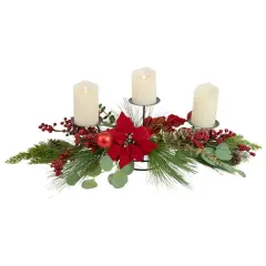 32" Triple Candle Holder With Red Berry & Poinsettia Christmas D&eacute;cor