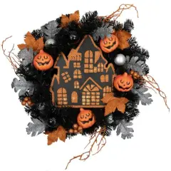24'' Unlit Orange and Black Haunted House Halloween Wreath