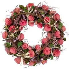 12.5" Pink Flowers & Berries with Green Leaves & Twigs Spring Wreath