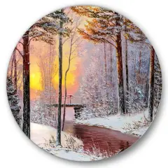 Designart - Christmas Forest With River and Trees IV - Traditional Metal Circle Wall Art