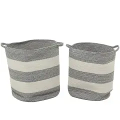 Gray Cotton Handmade Striped Storage Basket with Handles Set of 2 19", 19"
