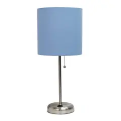 LimeLights 19.5" Stick Lamp with Charging Outlet and Fabric Shade Brushed Steel and Blue