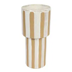 Hello Honey&reg; 11" Cream & Brown Wax Relief Striped Round Stoneware Vase