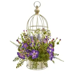 19" Purple Morning Glory Artificial Arrangement in Decorative Bird Cage