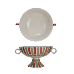 Hello Honey&reg; 13" Red, Green & Cream Hand-Painted Stoneware Footed Bowl with Handles & Stripes