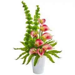 23" Calla Lily & Bells of Ireland Artificial Arrangement in White Container Pink