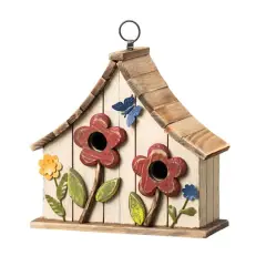 Glitzhome&reg; 10.5" White Distressed Wood Birdhouse with Flowers