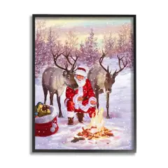Stupell Industries Santa & Reindeer Bonfire Scene Framed Giclee Art Black