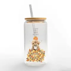 Autumn Cow Leaf Pile 16oz. Glass Can Cup
