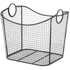 20" Black Metal Storage Basket with Curved Sides & Ring Handles