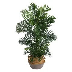 4ft. Areca Artificial Palm Tree in Boho Chic Handmade Cotton & Jute Gray Woven Planter UV Resistant (Indoor/Outdoor)