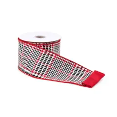 4" x 10yd. Red & Black Wired Houndstooth Plaid Cotton Ribbon