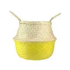 14.5" Beige & Yellow Large Seagrass Belly Basket with Handles