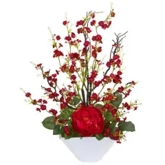 23" Rose & Cherry Blossom Arrangement in White Planter Red