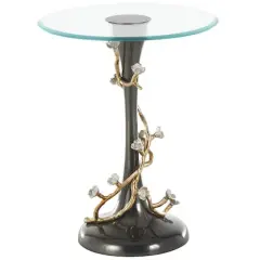 22.75" Black Aluminum Floral Twisted Vine Accent Table with Gold & Silver Accents & Glass Tabletop
