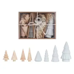 Hello Honey&reg; White & Natural Stoneware & Wood Christmas Trees Set