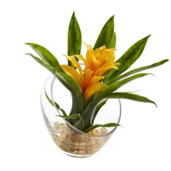 8" Yellow Tropical Bromeliad Arrangement in Angled Vase