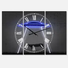 Designart Neon UFO Abducting Cow Modern 3 Panel Large Wall Clock