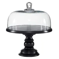 Black Wood and Glass Farmhouse Cake Stand with Cloche, 14" x 12" x 12"