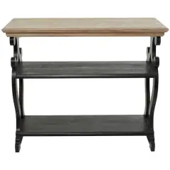 Black Wood Scroll Side Frames 2 Shelves Console Table with Brown Wood Top 38" x 15" x 32"