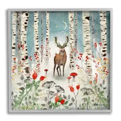 Stupell Industries Deer In Nighttime Birch Forest Black Framed Giclee Art Gray