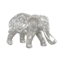 7" Silver Elephant Engraved Floral Sculpture
