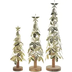 Gold Metal Layered Holly Leaf Christmas Tree Sculpture Set
