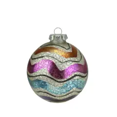 4.5" Shiny White Striped Merry & Bright Glass Ball Ornament