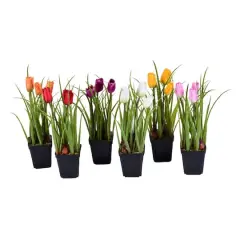 10" Artificial Tulips in Black Plastic Planters Pots, 6ct.