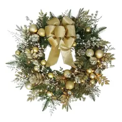 26" Battery-Operated Pre-Lit Decorated Artificial Wreath with Gold Bow