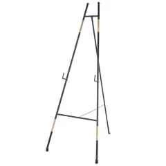 53.5" Black Metal Slim Foldable 2-Tier Easel with Wrapped Rattan Accents