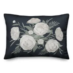 White Flowers On Navy 20" x 14" Throw Pillow