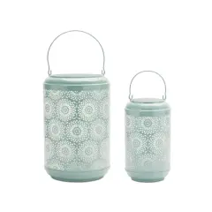 Green Punched Metal Lantern Candle Holder Set