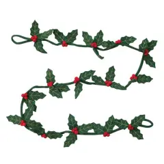 Hello Honey&reg; 6ft. Green & Red Handmade Wool Felt Gold Embroidered Holly Leaves & Berries Wired Garland