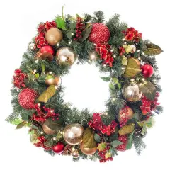 Village Lighting 30" Pre-Lit Scarlet Hydrangea Christmas Wreath, Clear LED Lights