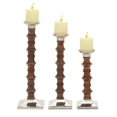 Brown Wood & Aluminum Pillar Candle Holder Set