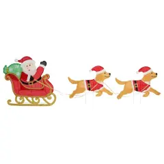 Glitzhome&reg; 90.5"L Lighted Christmas 2D Fabric Dog with Santa Sleigh Outdoor Decor