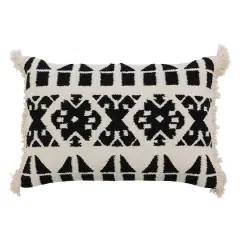 Hello Honey&reg; Black and White Handwoven Cotton Kilim Lumbar Pillow Cover with Pattern and Fringe