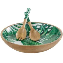 Mango Wood Decorative Bowl with Serving Utensils Set Green