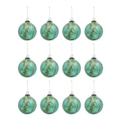 Hello Honey&reg; 12 Pack 4" Turquoise Glass Ball Ornament with Eucalyptus Leaves