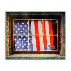 Stupell Industries Patriotic American Flag Rustic Window Festive Home Framed Giclee Art Gray