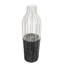 24" Silver Metal Vase with Woven Black Rattan Base
