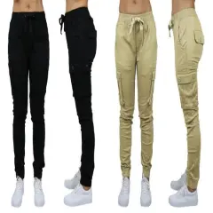 Galaxy By Harvic Loose Fit Cotton Stretch Twill Women's Cargo Joggers 2 Pack Black/Khaki